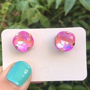 Pink Aurora Borealis Cushion Cut + Rose Gold Crystal Earrings
